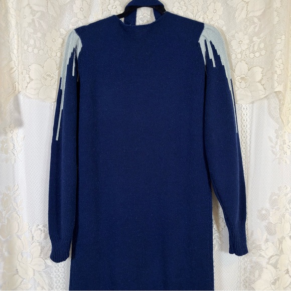Vintage 80s Knit Sweater Dress Navy Blue Grey Long Sleeve Belted Size Medium - Picture 8 of 9